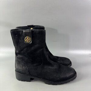 Tory Burch Oakridge Boots Black Pebbled Leather Ankle Booties, Size 8